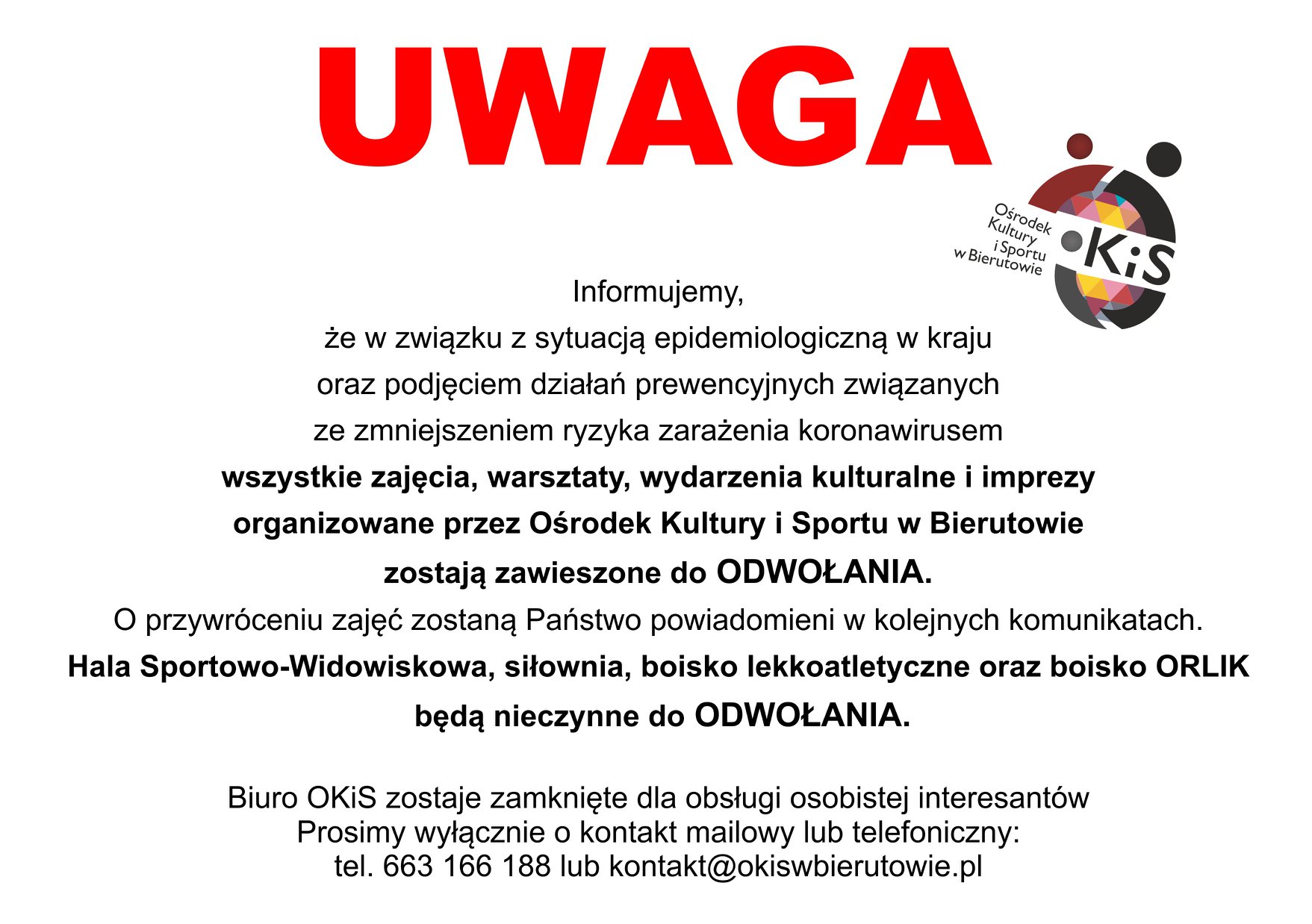 OKiS w Bierutowie odwołuje zajęcia z powodu koronawirusa